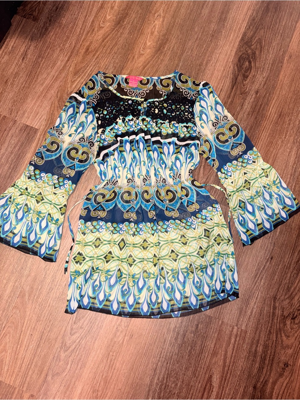 Sunny Leigh Blue, Green & White Patterned Bell-Sleeve Mini Dress